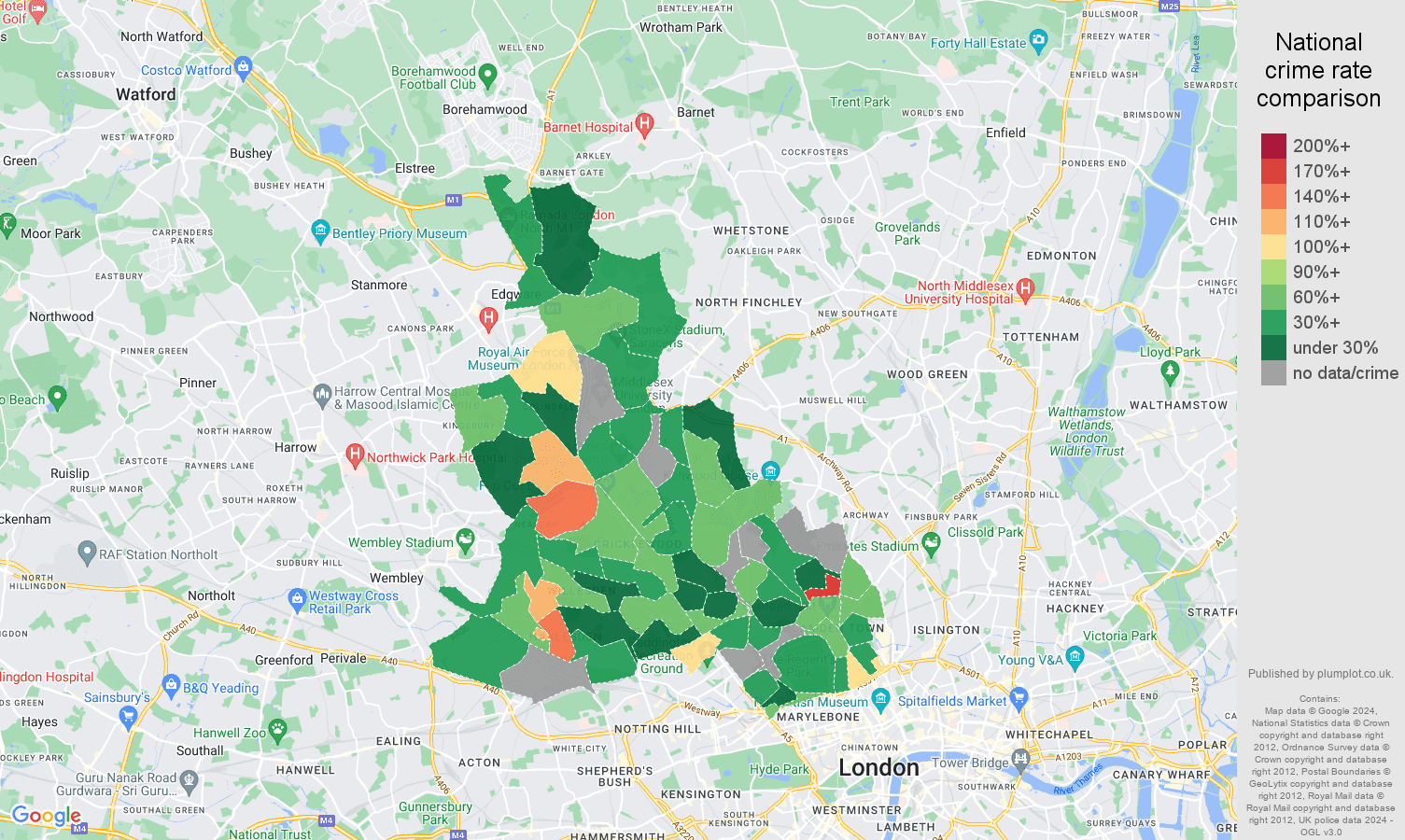 North West London possession of weapons crime rate comparison map