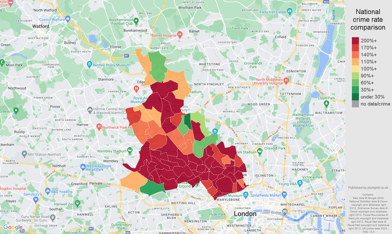 North West London robbery crime rate comparison map
