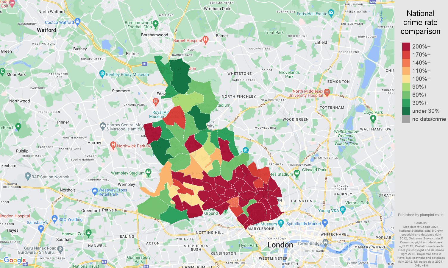 North West London theft from the person crime rate comparison map