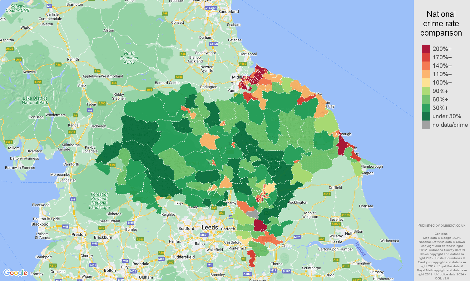 North Yorkshire antisocial behaviour crime rate comparison map