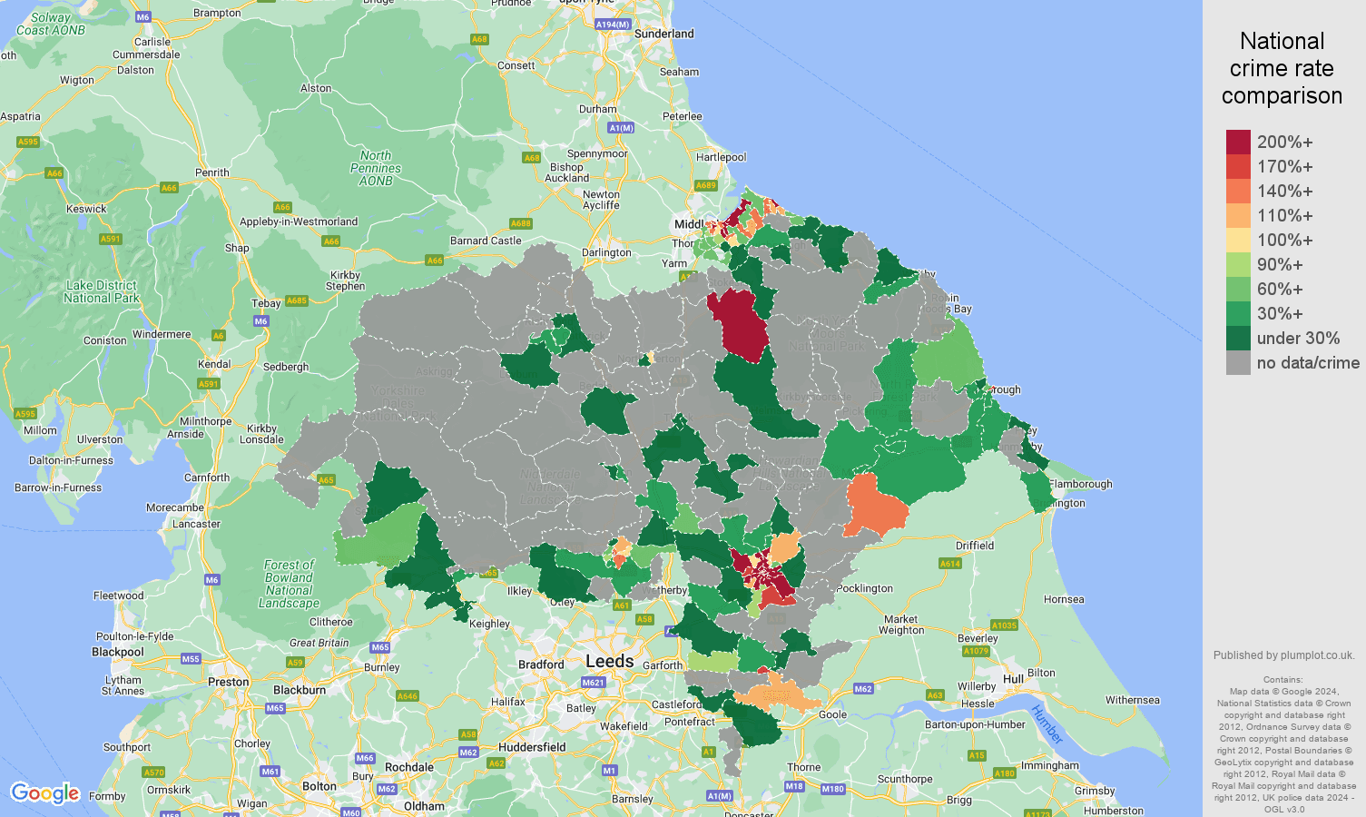 North Yorkshire bicycle theft crime rate comparison map