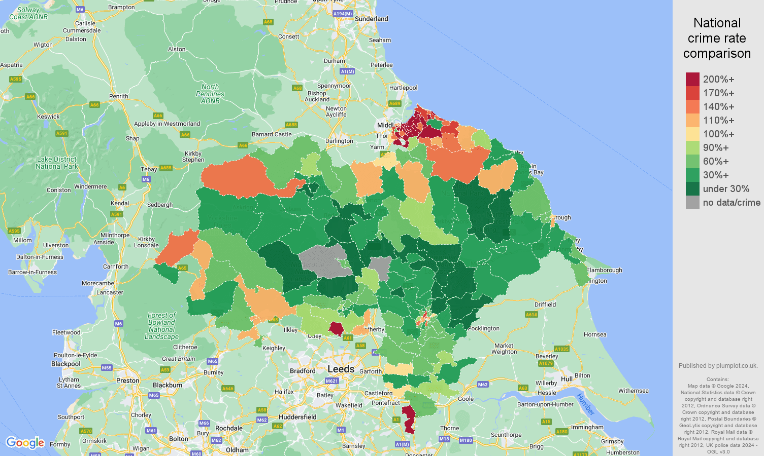 North Yorkshire burglary crime rate comparison map