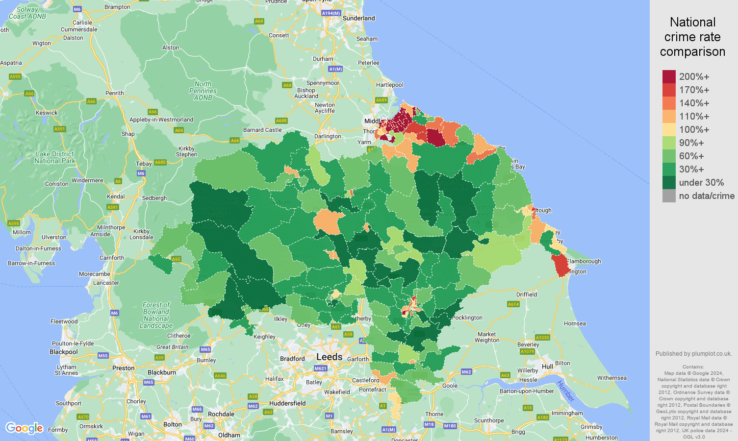 North Yorkshire criminal damage and arson crime rate comparison map