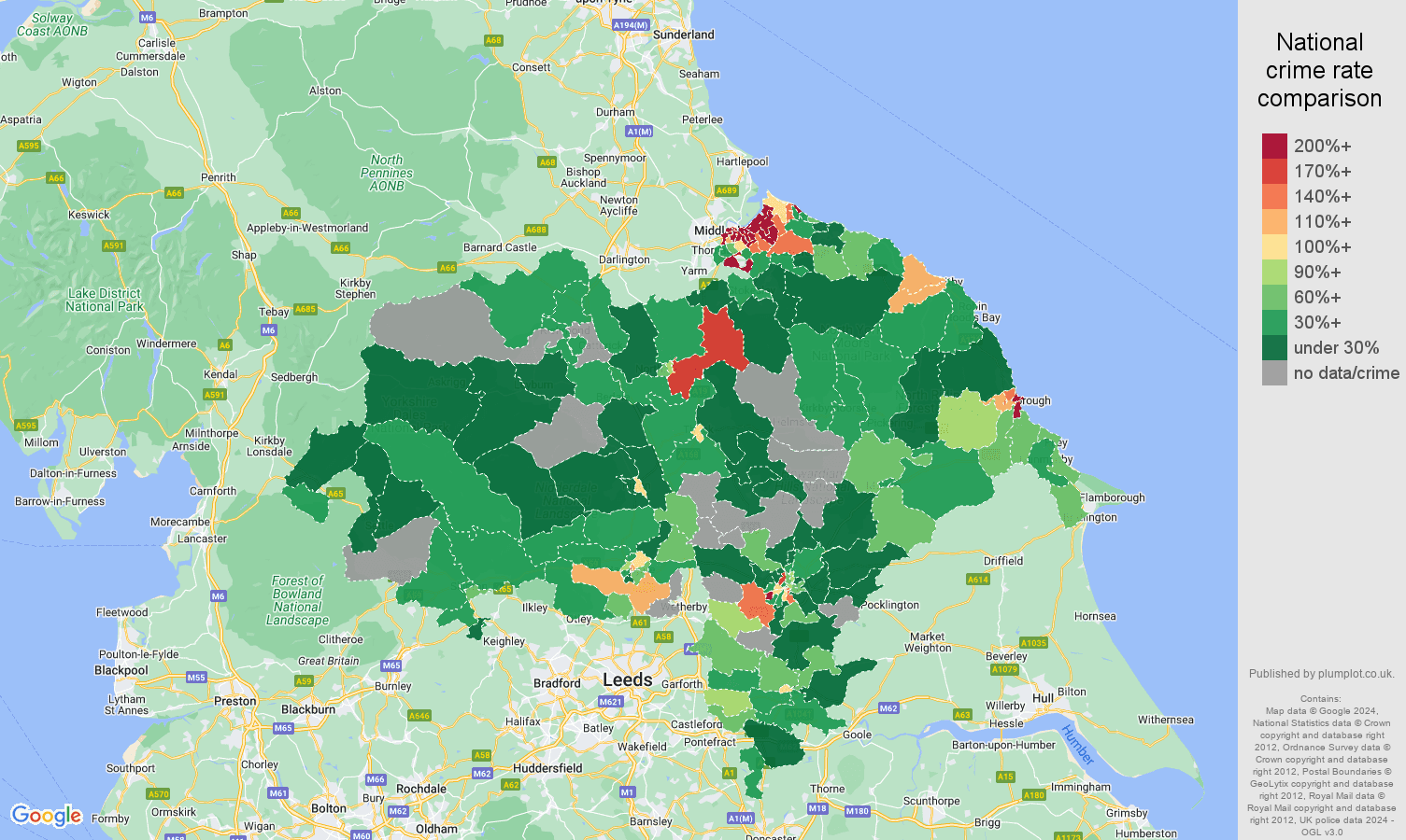North Yorkshire drugs crime rate comparison map