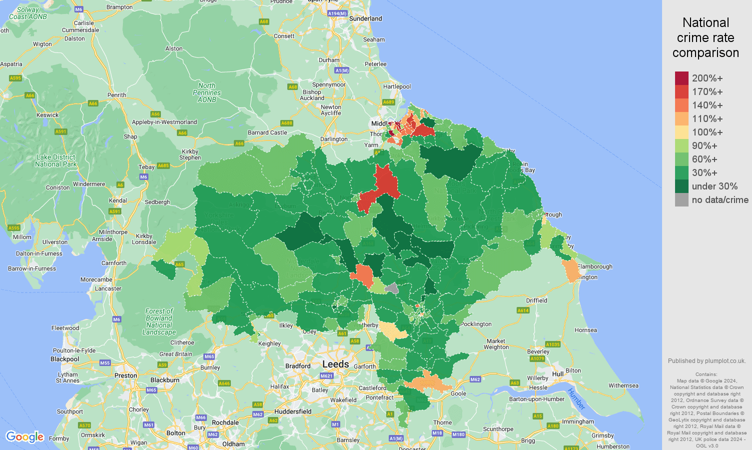 North Yorkshire other theft crime rate comparison map