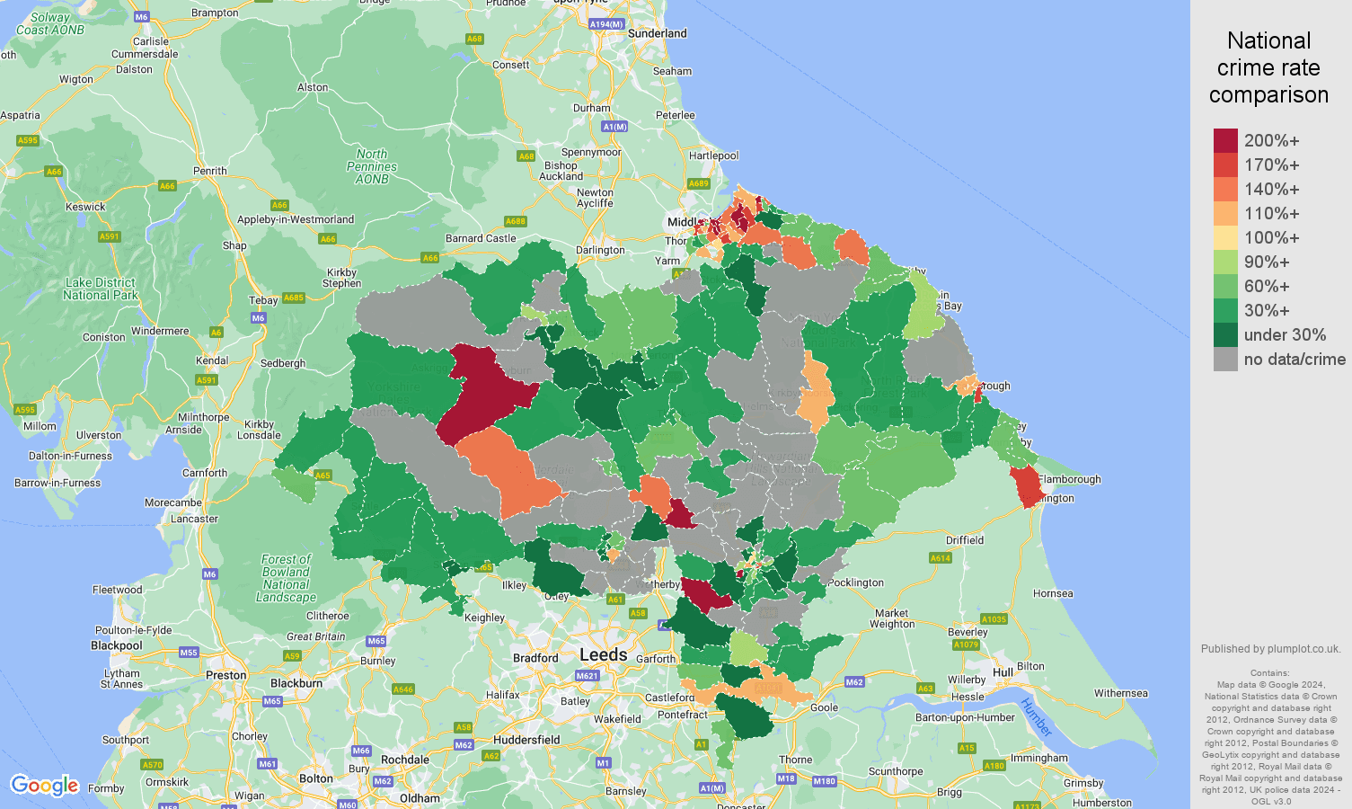 North Yorkshire possession of weapons crime rate comparison map