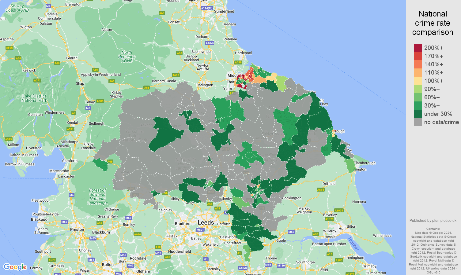 North Yorkshire robbery crime rate comparison map