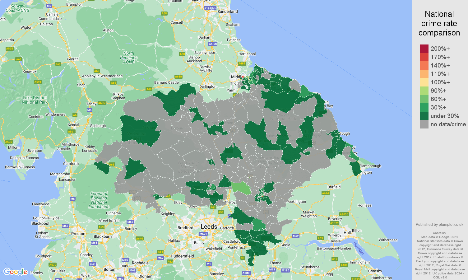 North Yorkshire theft from the person crime rate comparison map