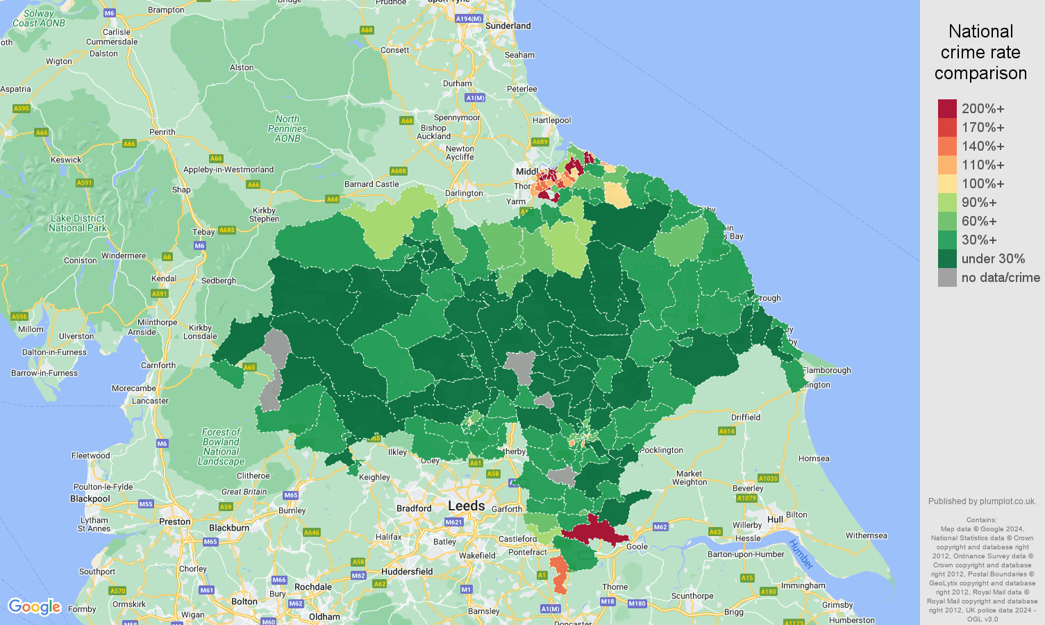 North Yorkshire vehicle crime rate comparison map