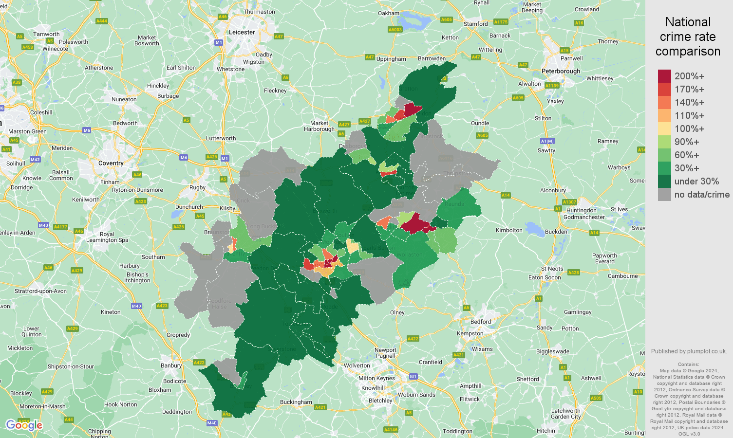 Northampton bicycle theft crime rate comparison map
