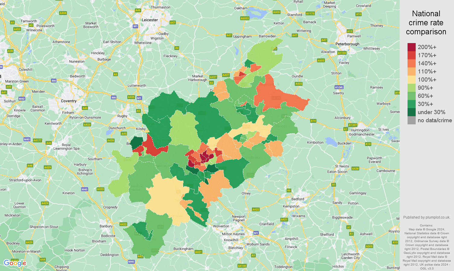 Northampton burglary crime rate comparison map