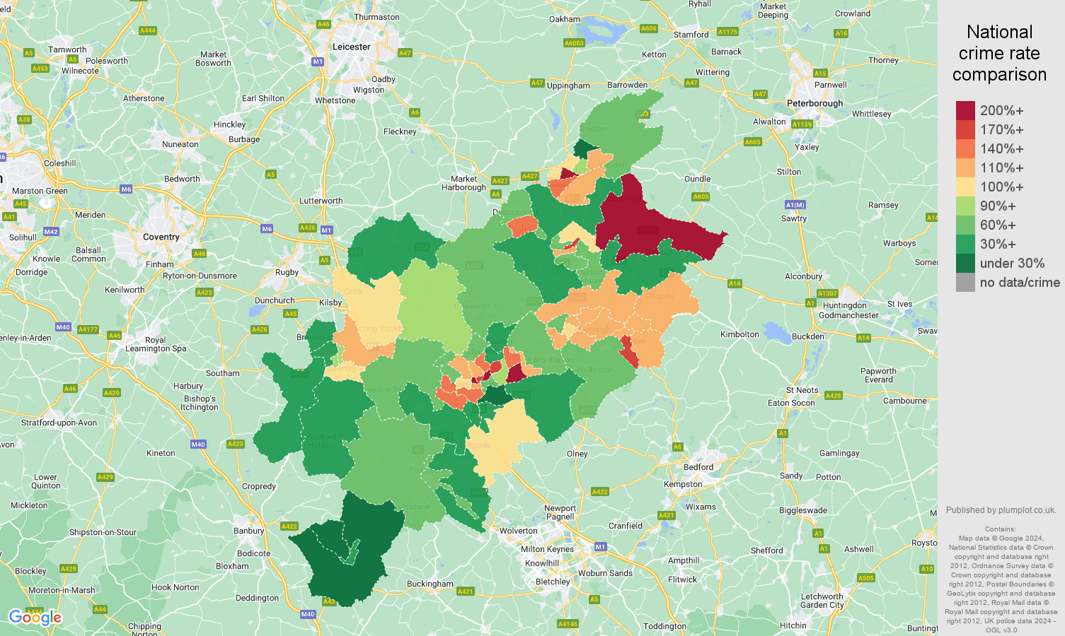 Northampton criminal damage and arson crime rate comparison map