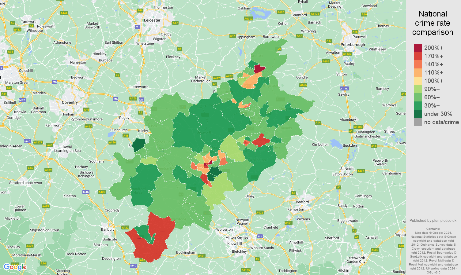 Northampton other theft crime rate comparison map