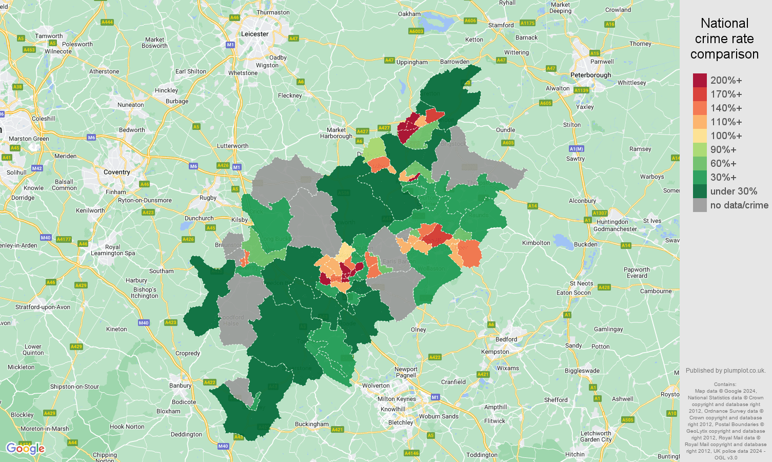 Northampton robbery crime rate comparison map