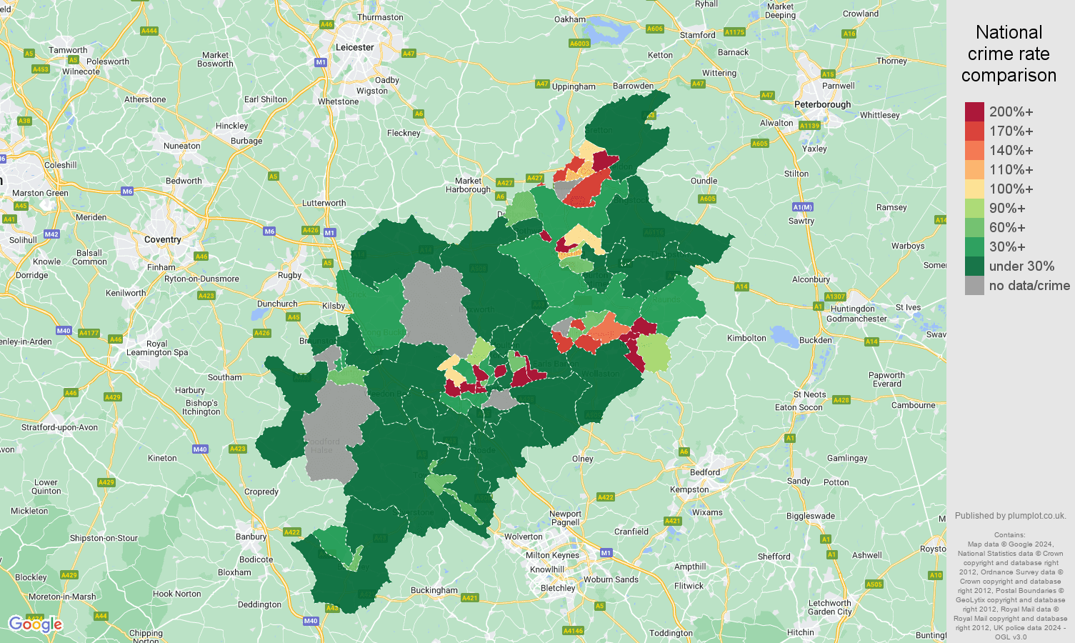 Northampton shoplifting crime rate comparison map