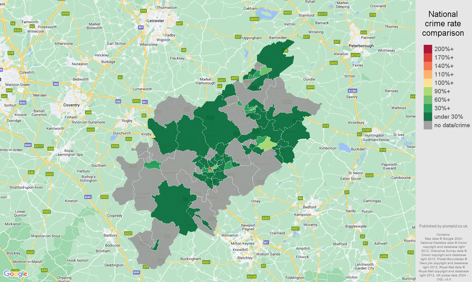 Northampton theft from the person crime rate comparison map