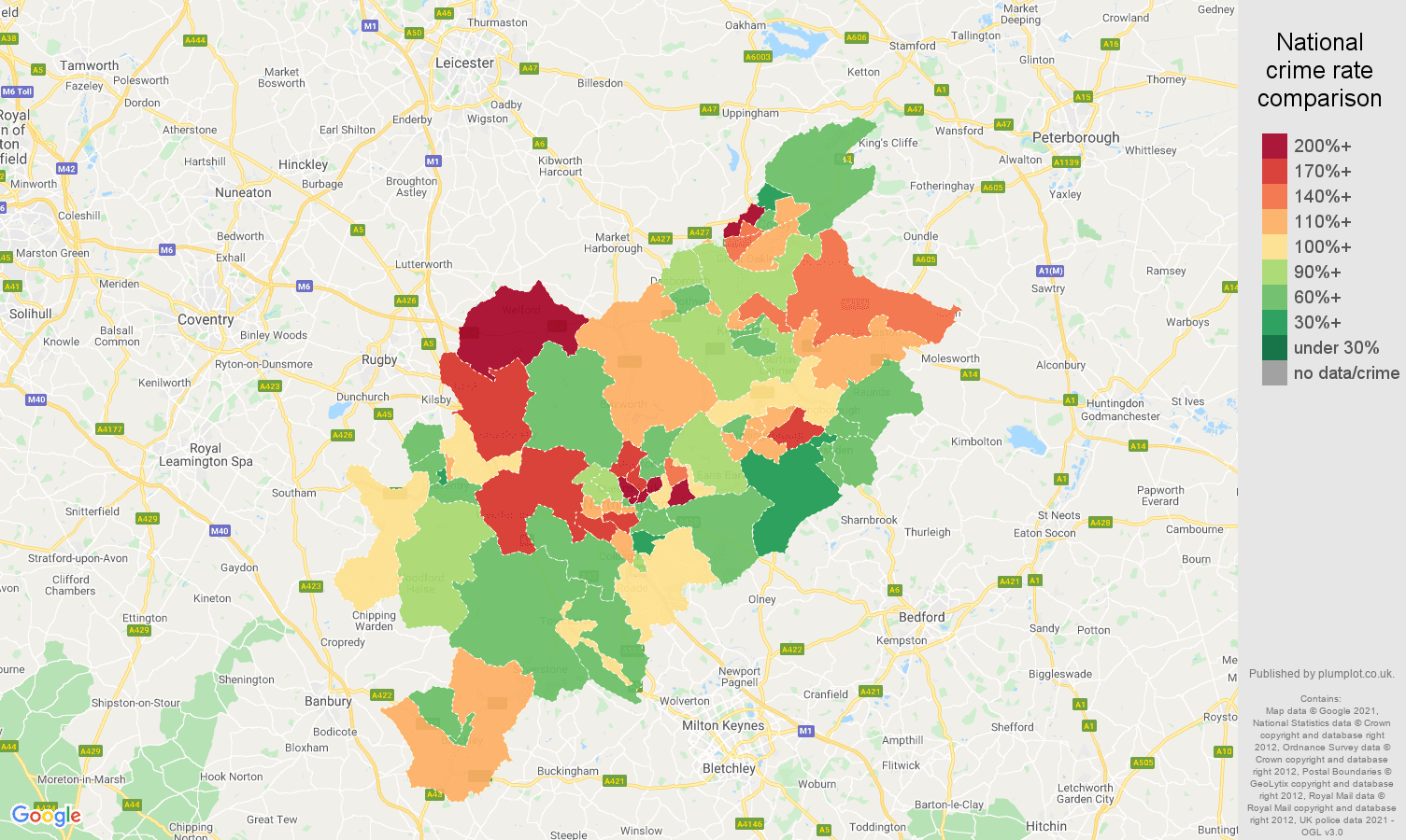 Northampton vehicle crime rate comparison map