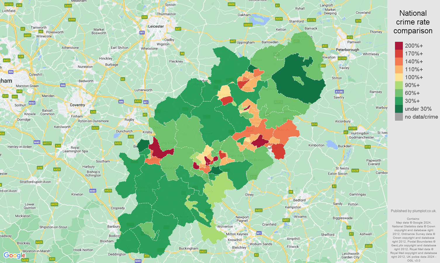 Northamptonshire antisocial behaviour crime rate comparison map