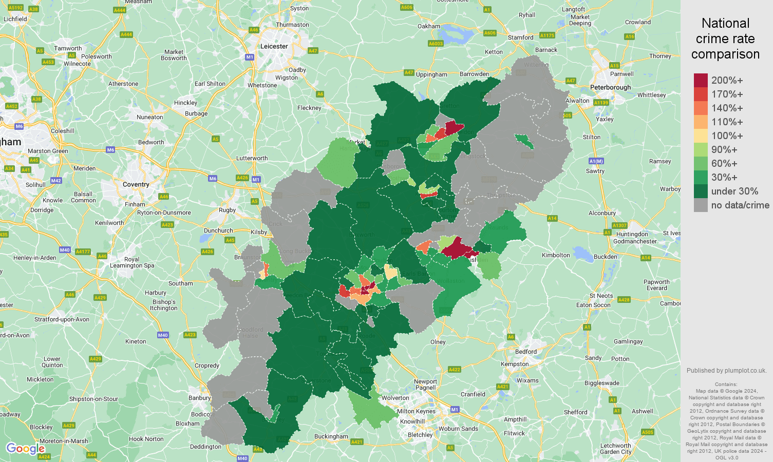 Northamptonshire bicycle theft crime rate comparison map