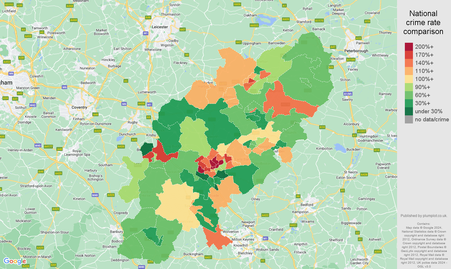 Northamptonshire burglary crime rate comparison map
