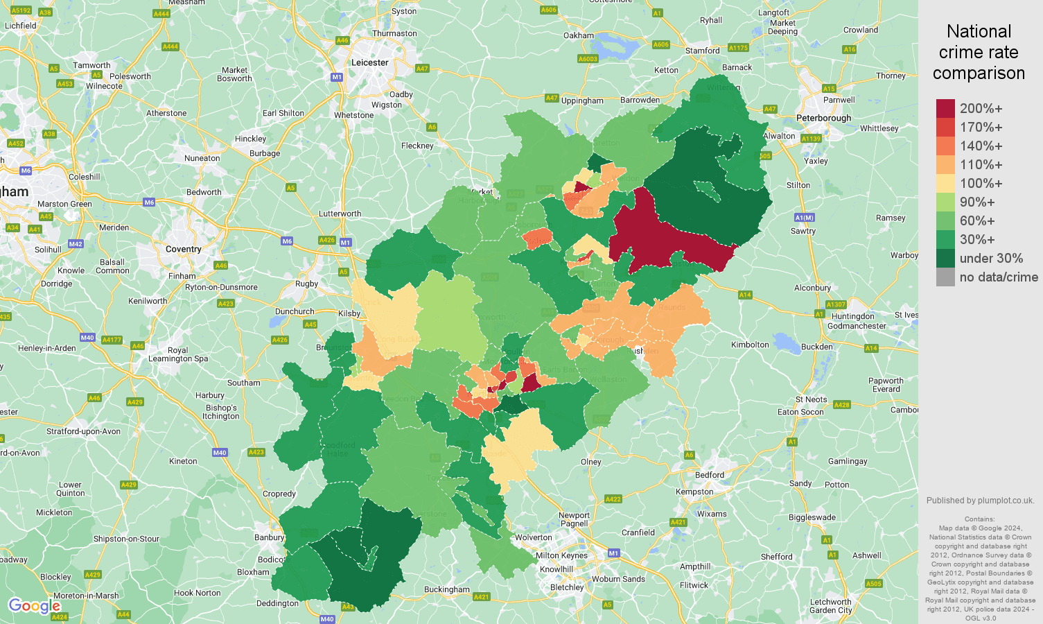 Northamptonshire criminal damage and arson crime rate comparison map