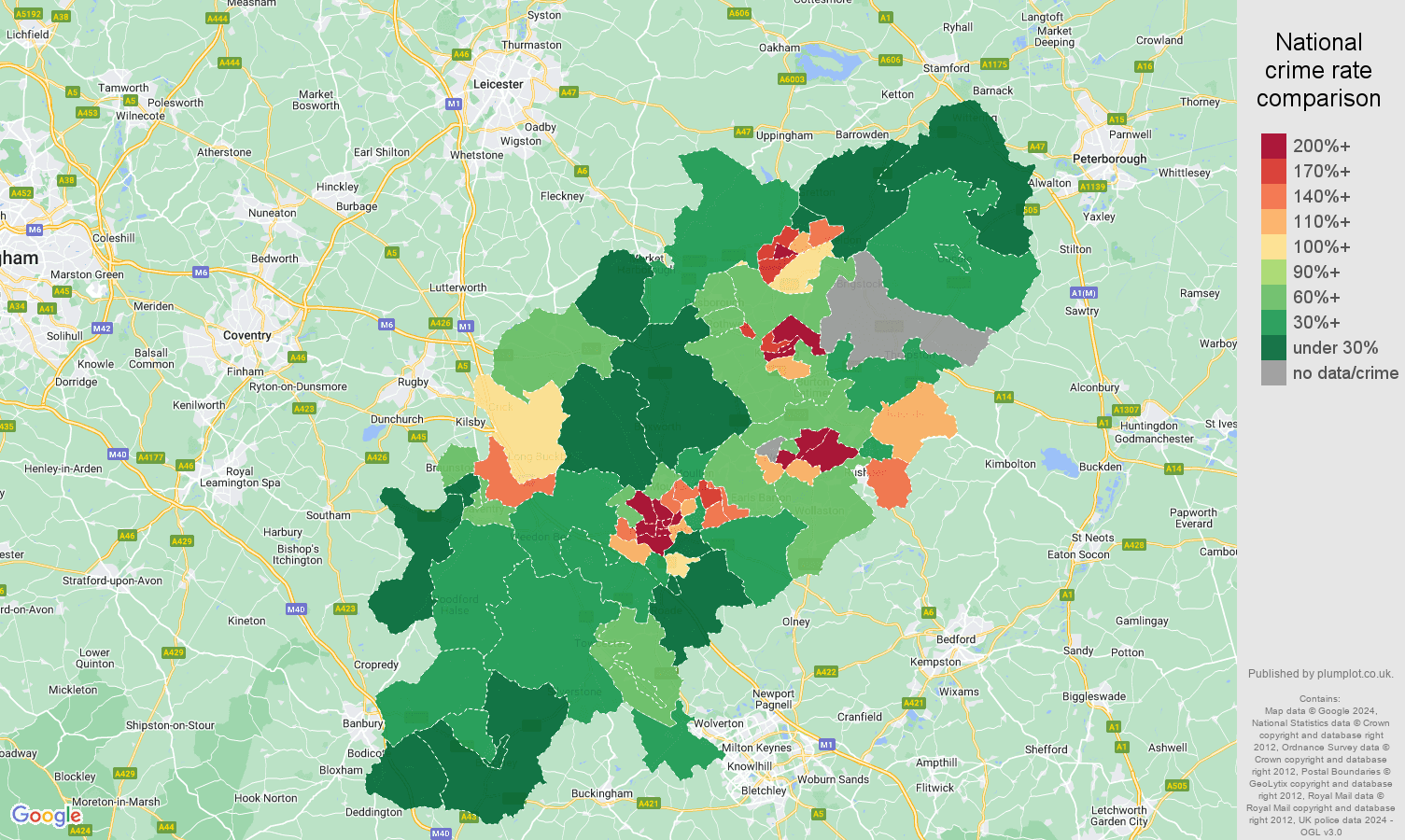 Northamptonshire drugs crime rate comparison map