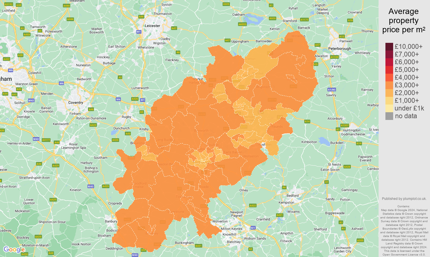 Northamptonshire house prices per square metre map