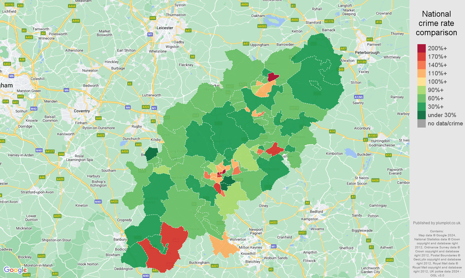 Northamptonshire other theft crime rate comparison map
