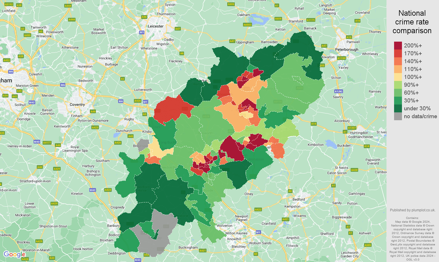 Northamptonshire possession of weapons crime rate comparison map