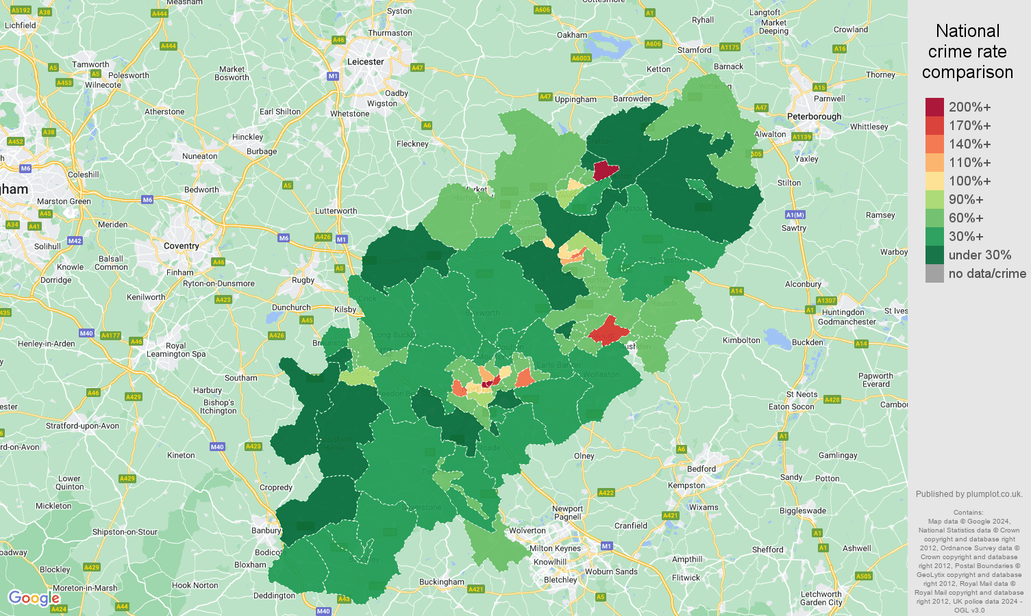Northamptonshire public order crime rate comparison map