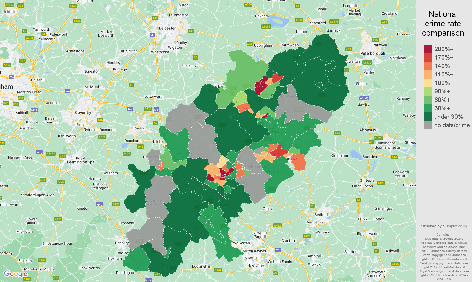 Northamptonshire robbery crime rate comparison map