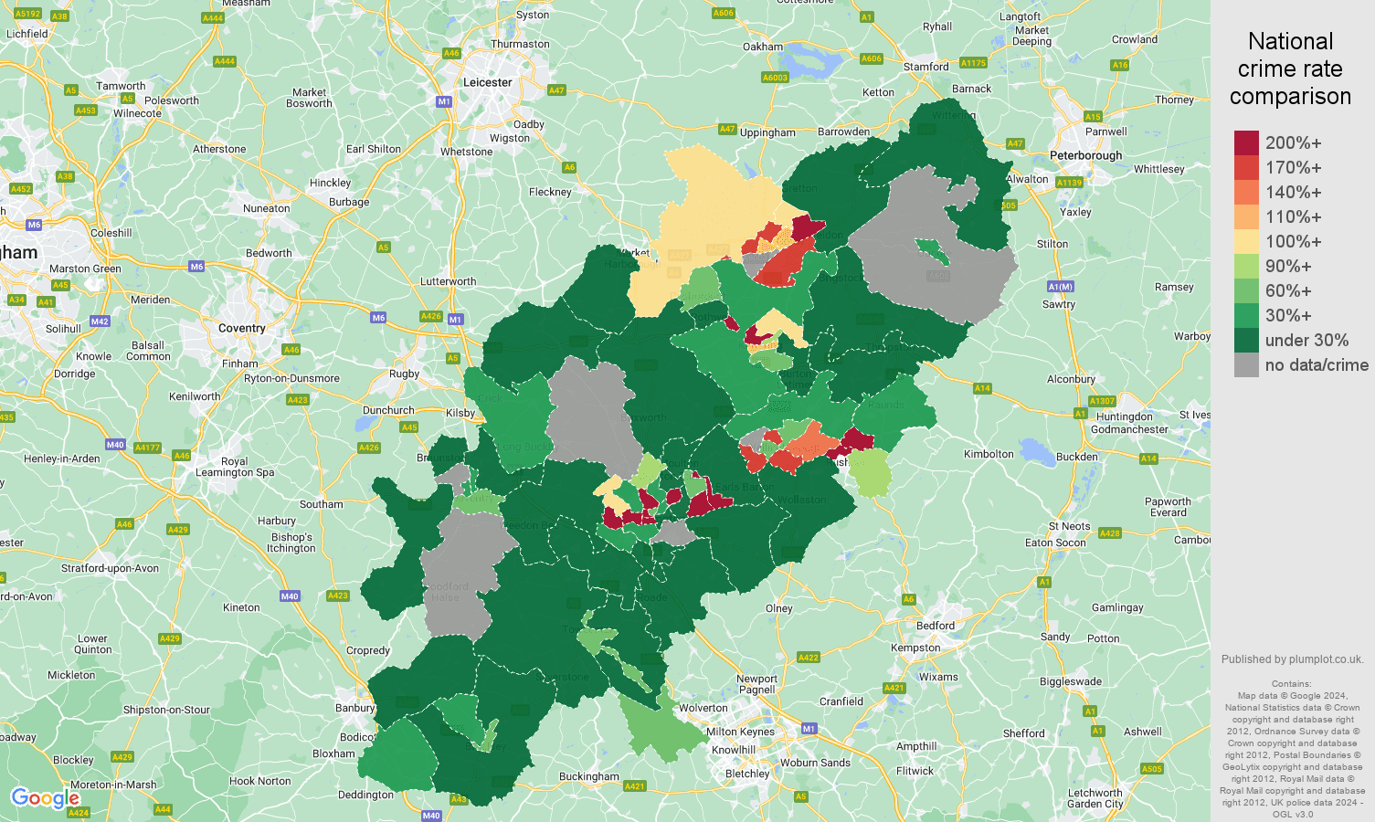 Northamptonshire shoplifting crime rate comparison map