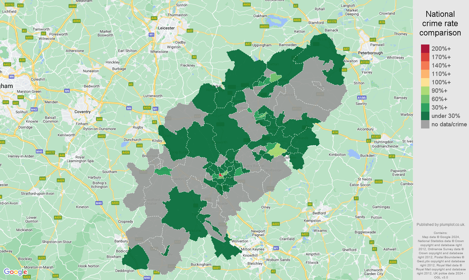 Northamptonshire theft from the person crime rate comparison map