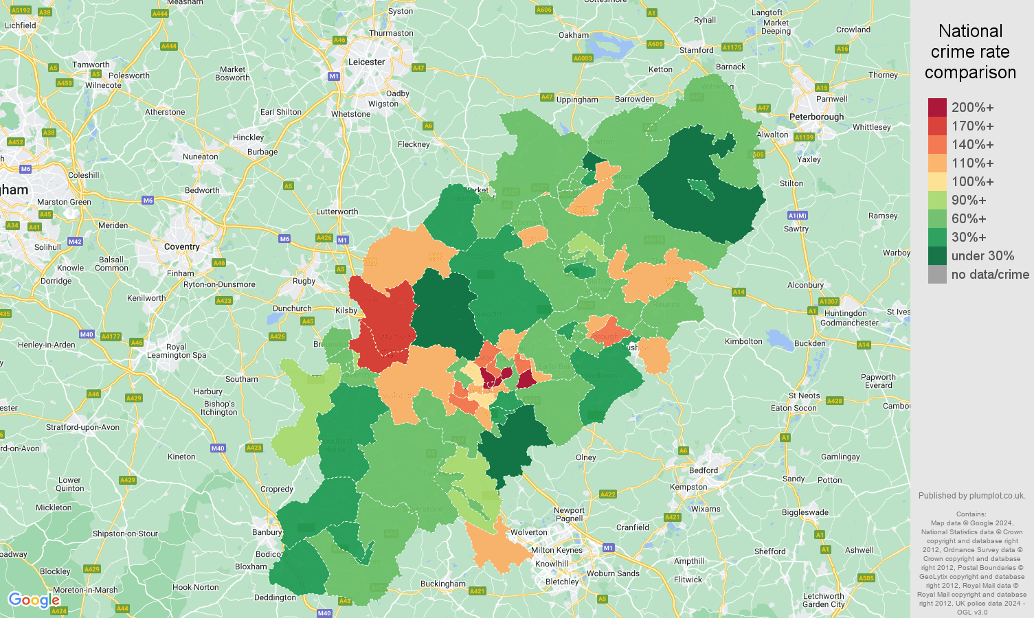 Northamptonshire vehicle crime rate comparison map
