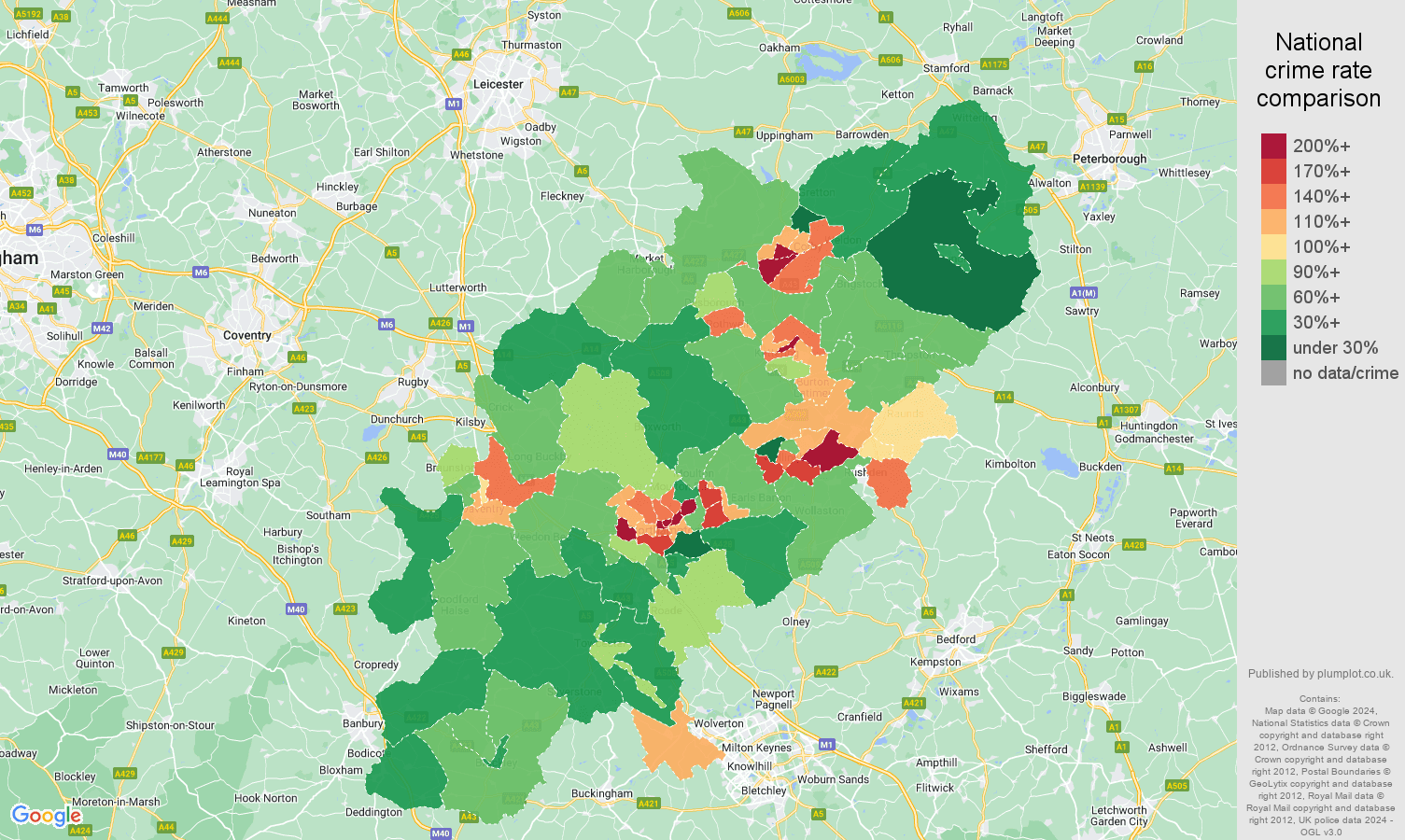 Northamptonshire violent crime rate comparison map