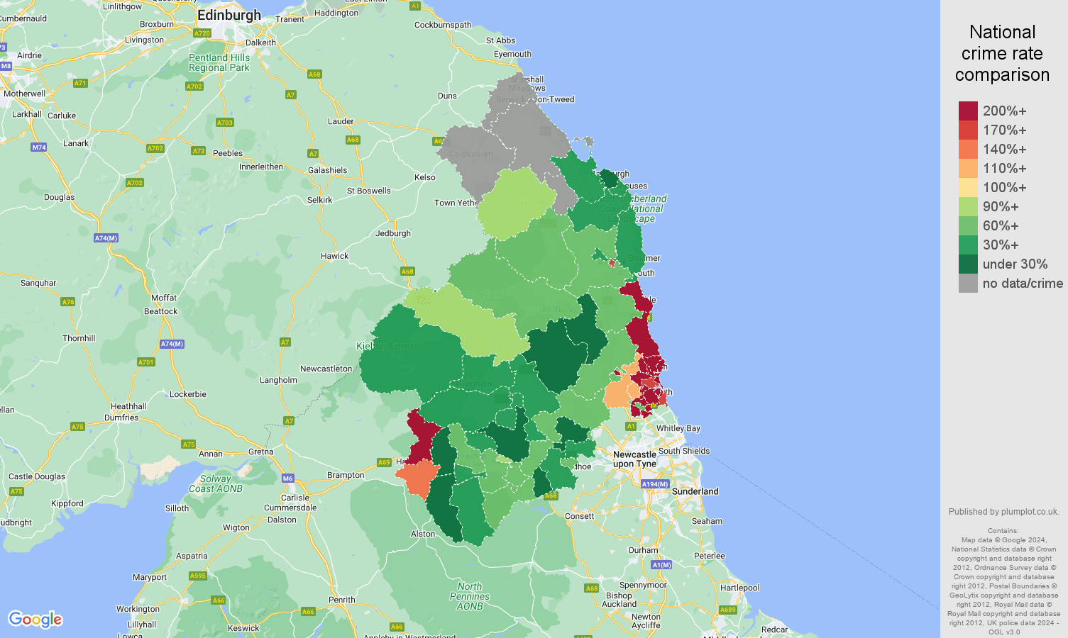 Northumberland antisocial behaviour crime rate comparison map