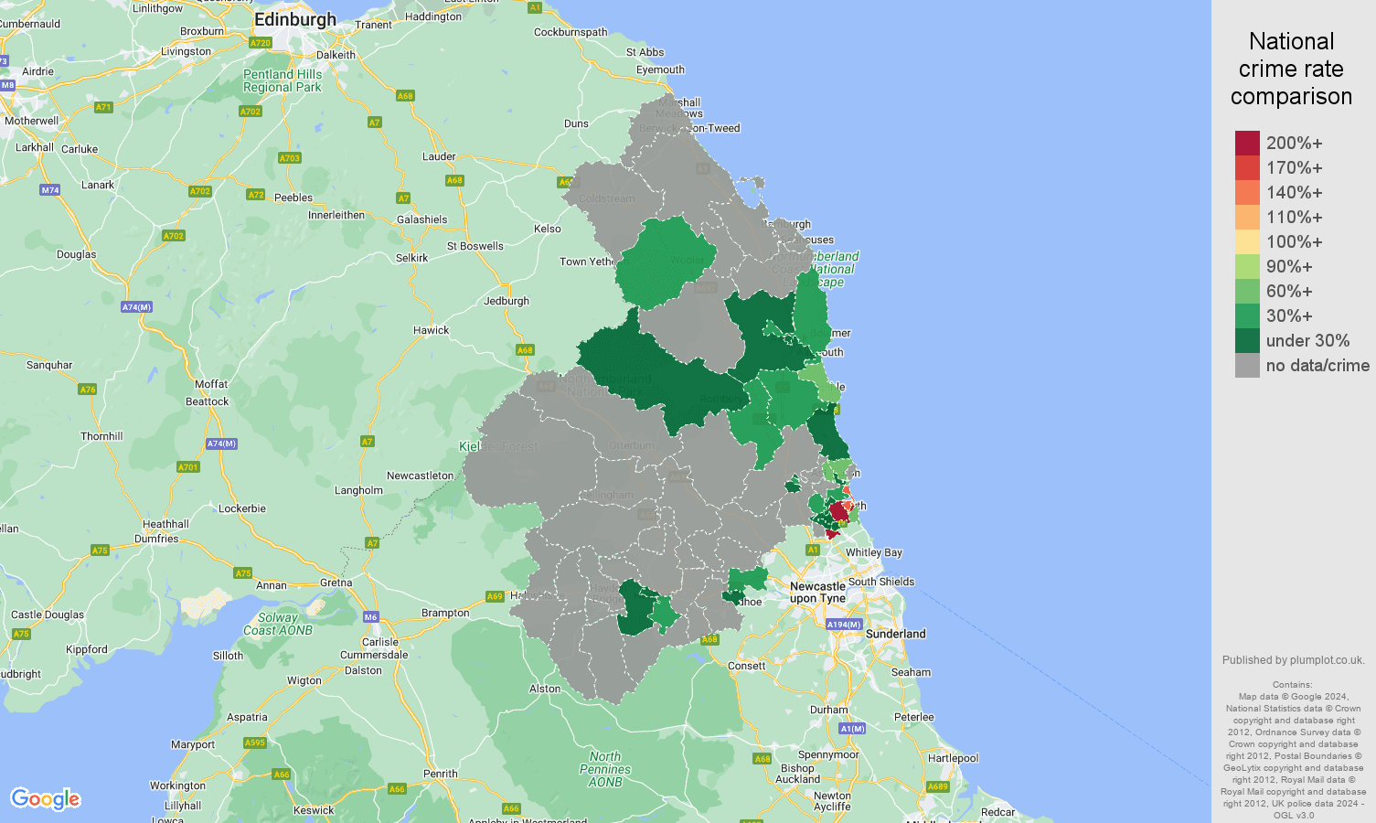 Northumberland bicycle theft crime rate comparison map