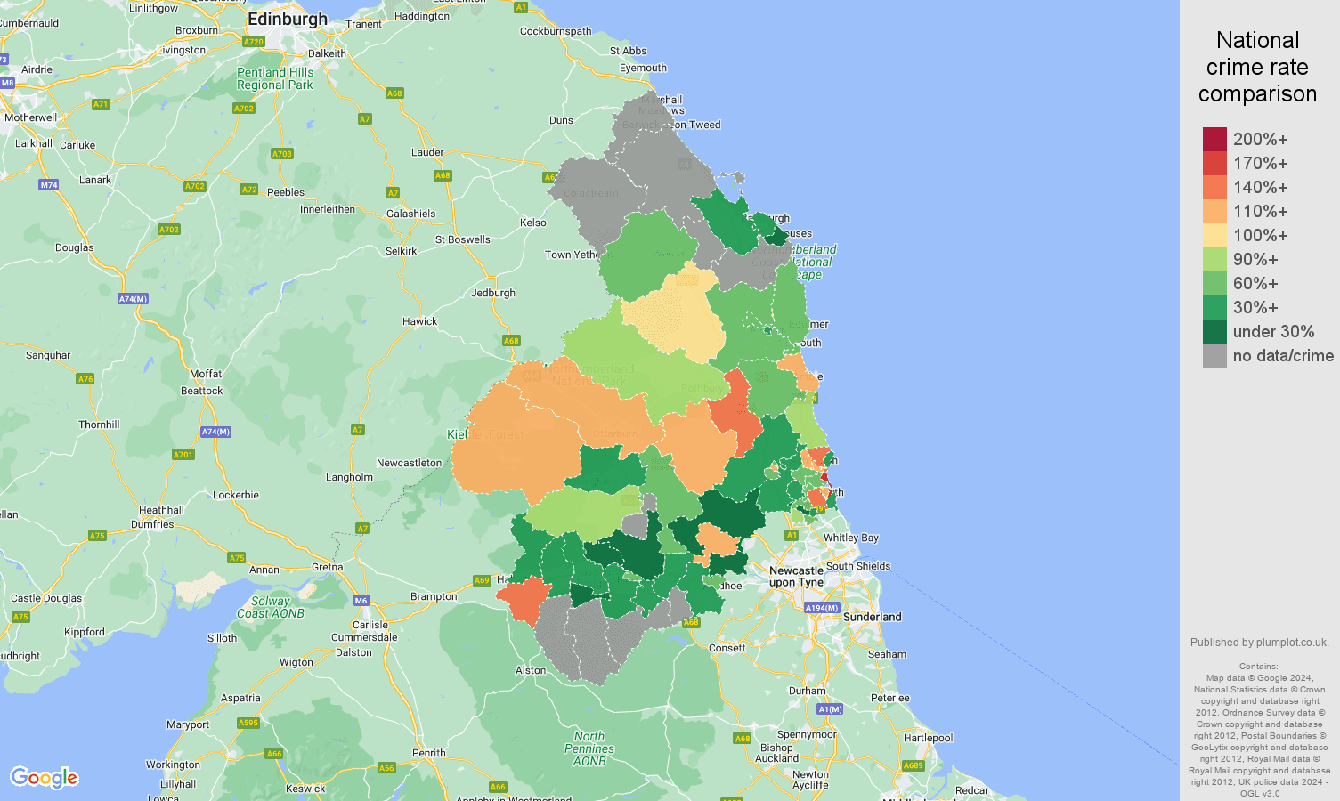 Northumberland burglary crime rate comparison map
