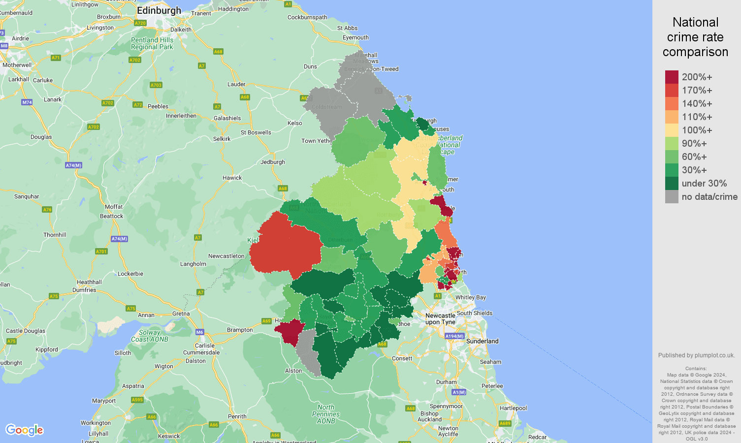Northumberland criminal damage and arson crime rate comparison map