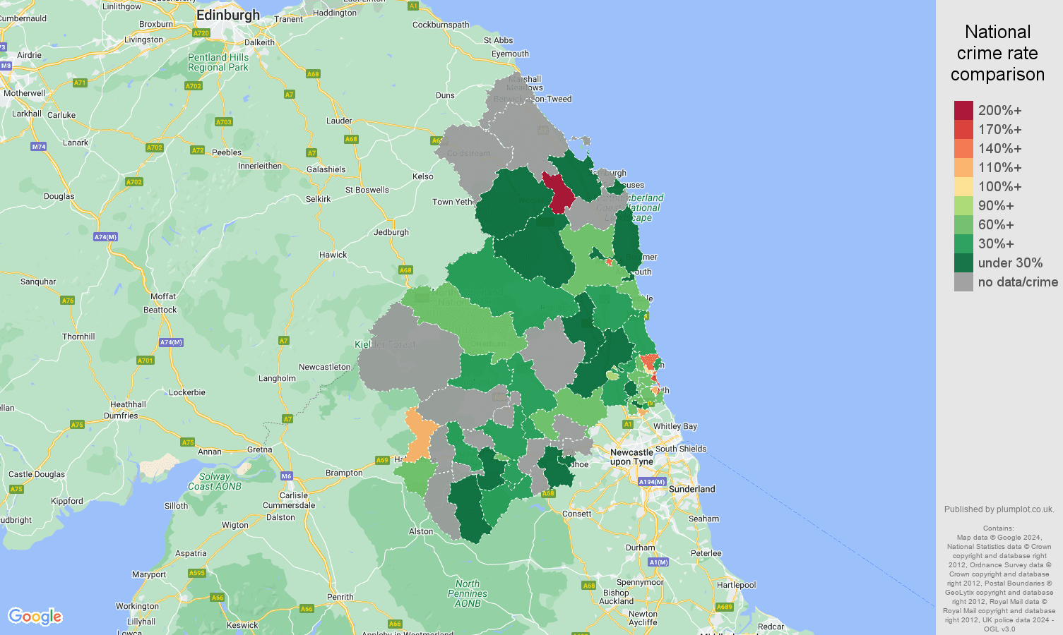 Northumberland drugs crime rate comparison map