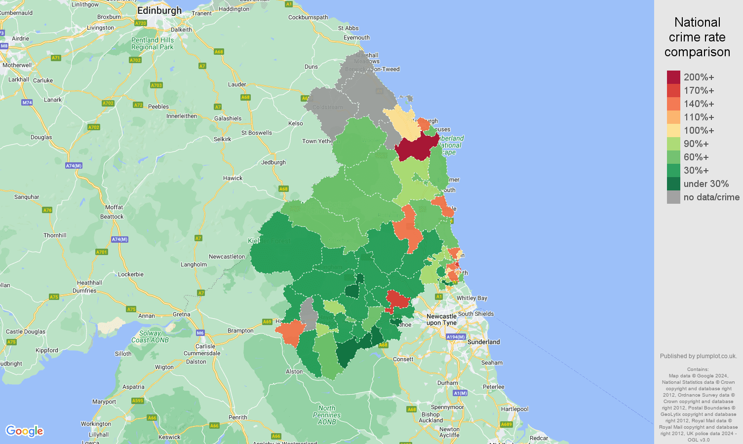Northumberland other theft crime rate comparison map