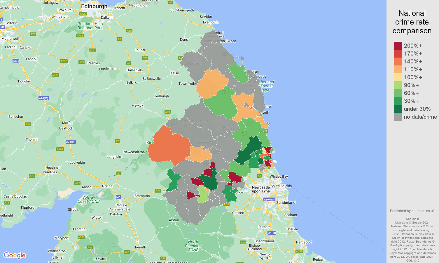 Northumberland possession of weapons crime rate comparison map