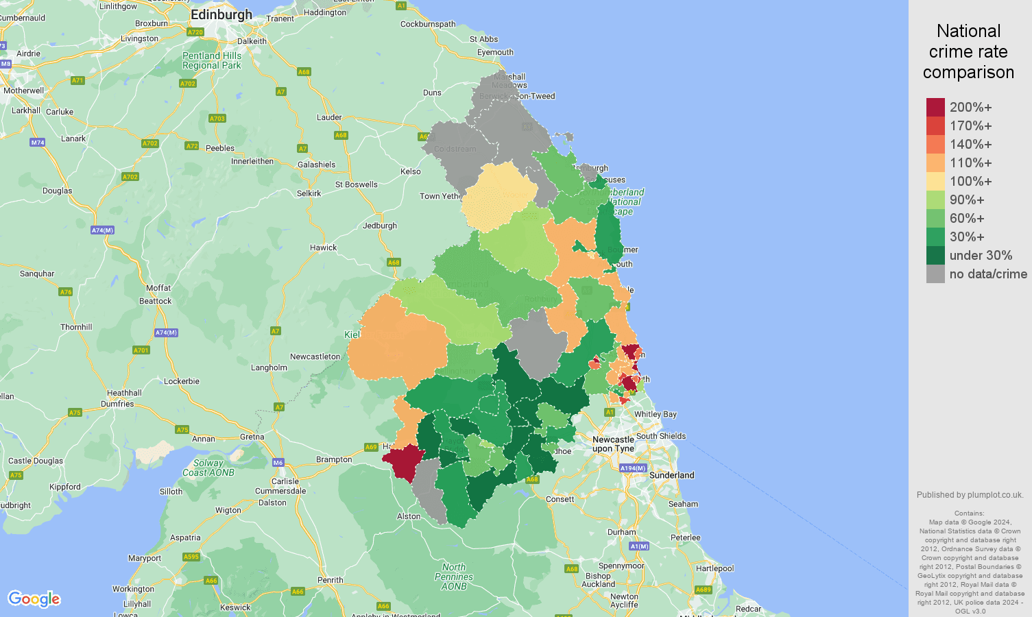Northumberland public order crime rate comparison map