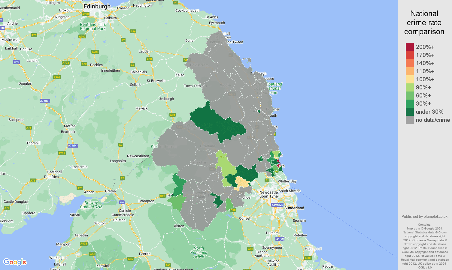 Northumberland robbery crime rate comparison map