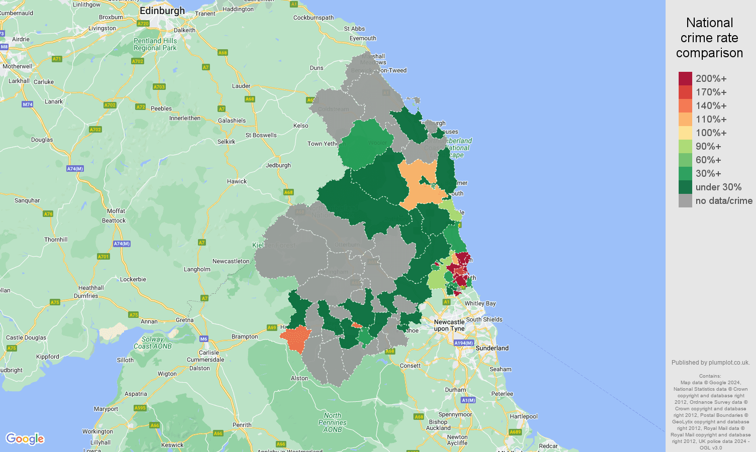 Northumberland shoplifting crime rate comparison map