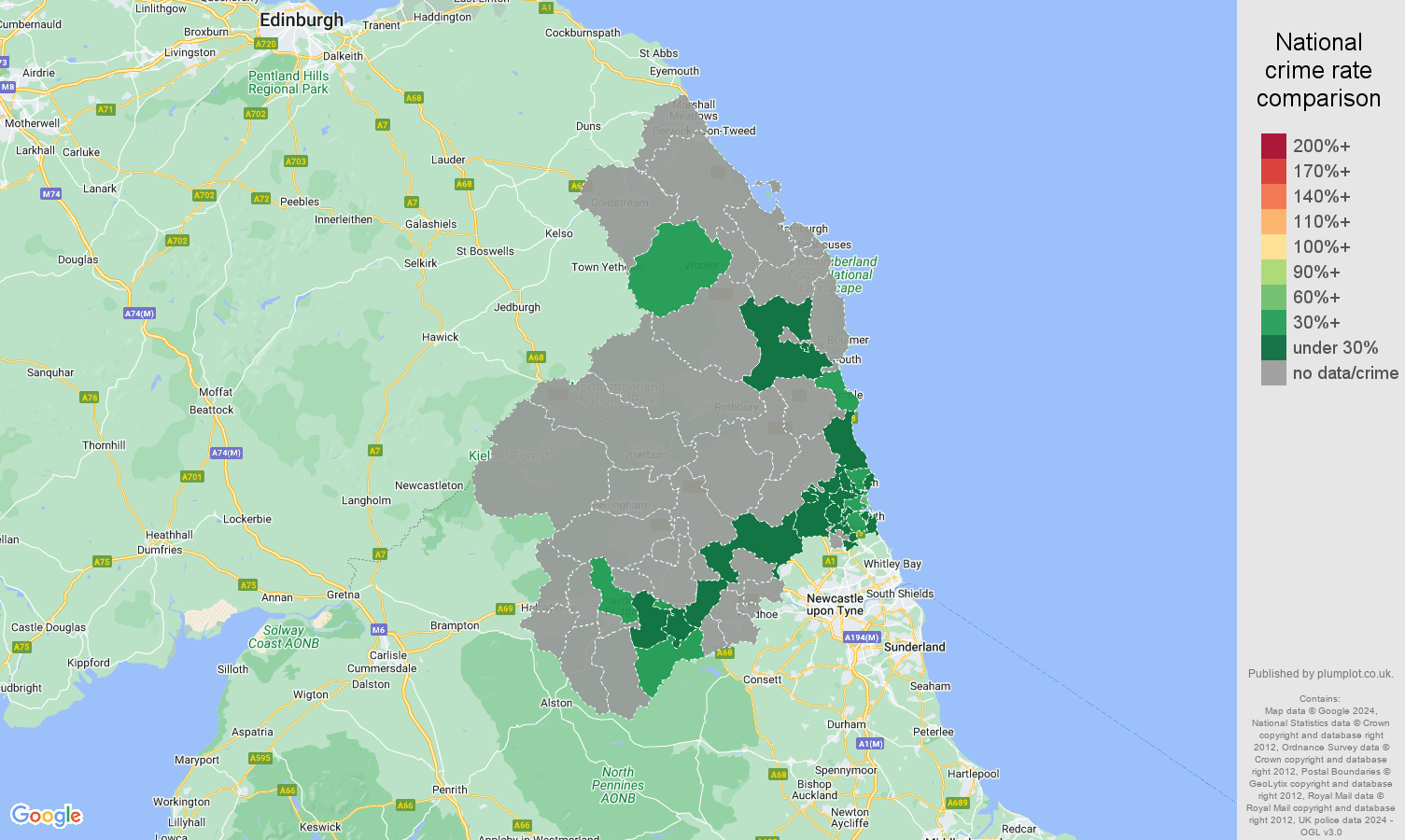 Northumberland theft from the person crime rate comparison map