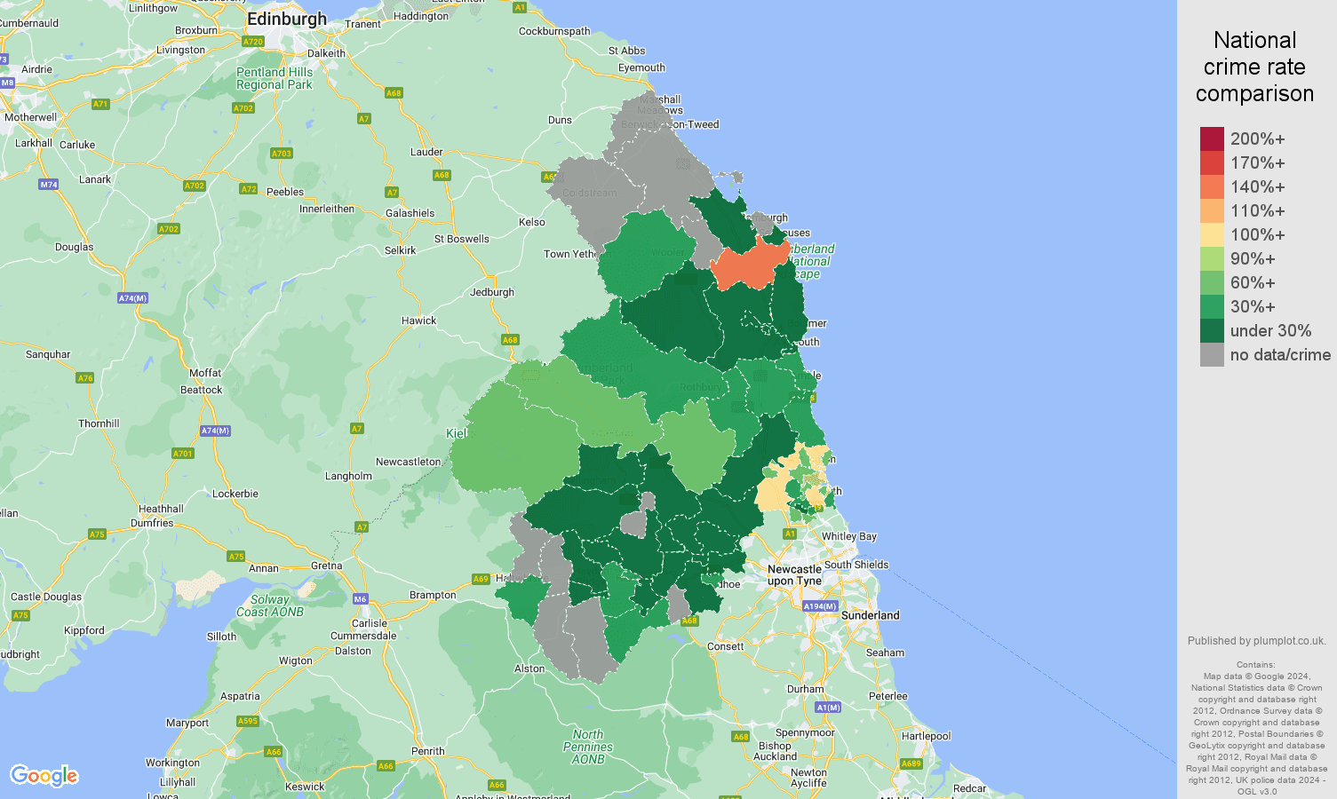 Northumberland vehicle crime rate comparison map