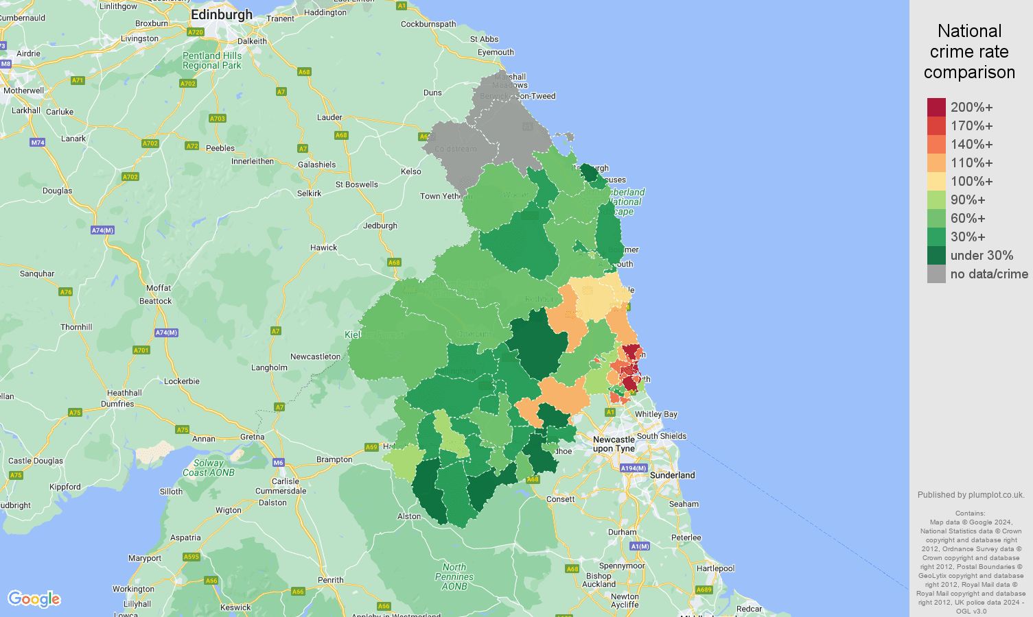 Northumberland violent crime rate comparison map
