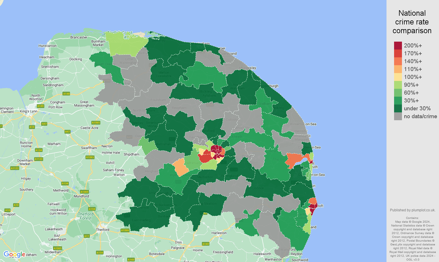 Norwich bicycle theft crime rate comparison map