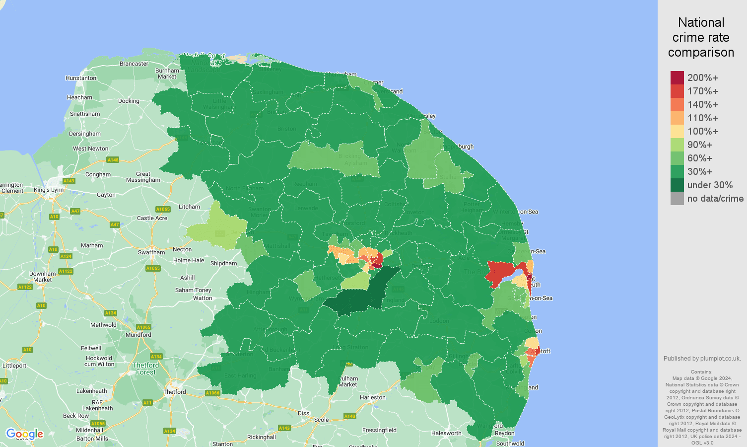 Norwich crime rate comparison map